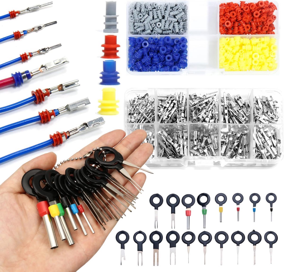 708-delige connectorset voor autostekkers, bevat 290 klemblokken, 400 waterdichte rubberen afdichtingen en 18-pins uitspingereedschap, geschikt voor 12 V-connectoren en kabelstekkers