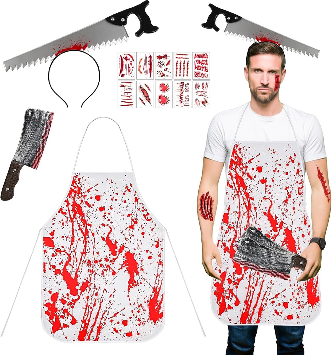 Halloween mes haarband met bloedige schort voor dames en heren, stickers voor Halloween, carnaval, kostuum, feest