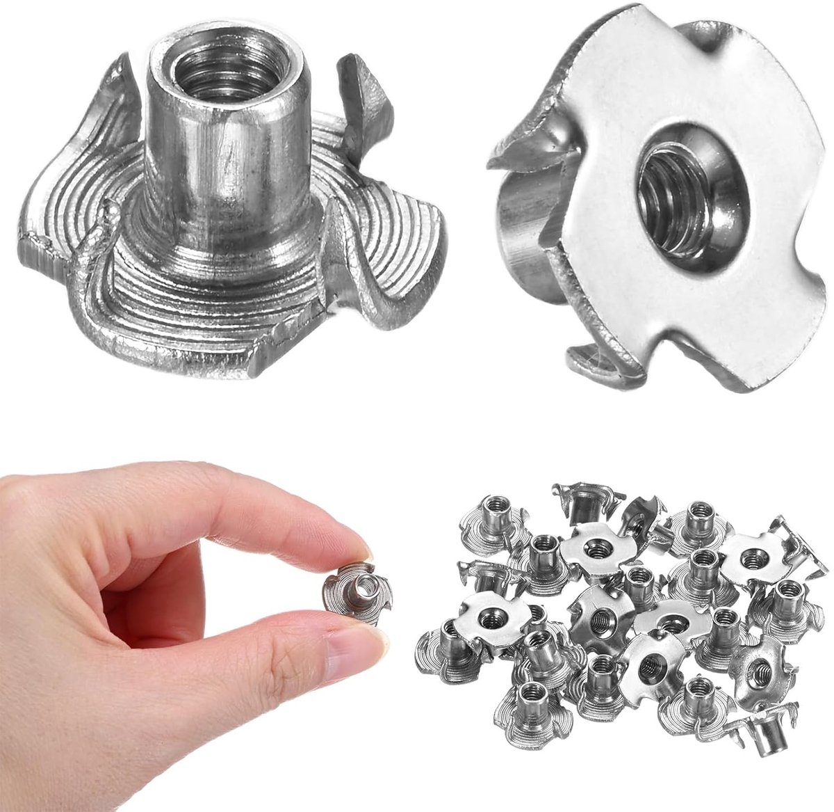 T-moeren M4 x 8 mm van roestvrij staal met schroefdraad met 4 punten voor hout/klimhaak/meubels, corrosiebestendige bevestigingselementen