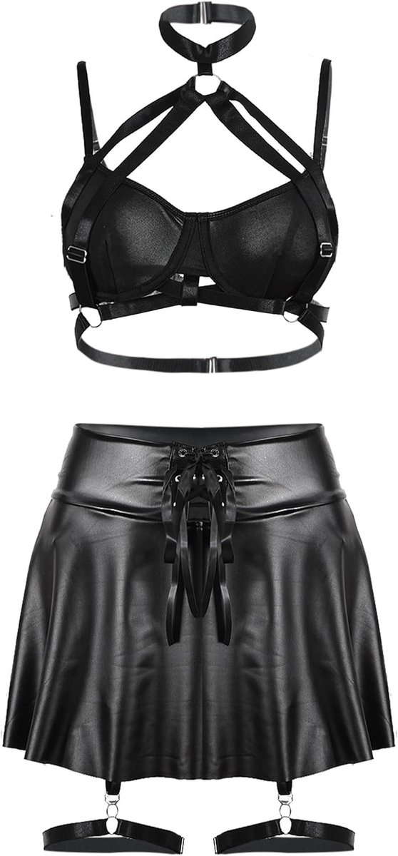 jurk set dames lederen tank top minirok PU string mesh partyjurk wetlook kostuums festival party rave club outfit