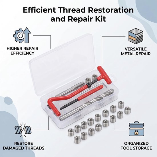 Reparatieset met transparante plastic doos, reparatiegereedschap, 25 stuks, draadreparatieset, geschikt voor staal, ijzer, aluminium, blinde gatverwerking — afbeelding 3