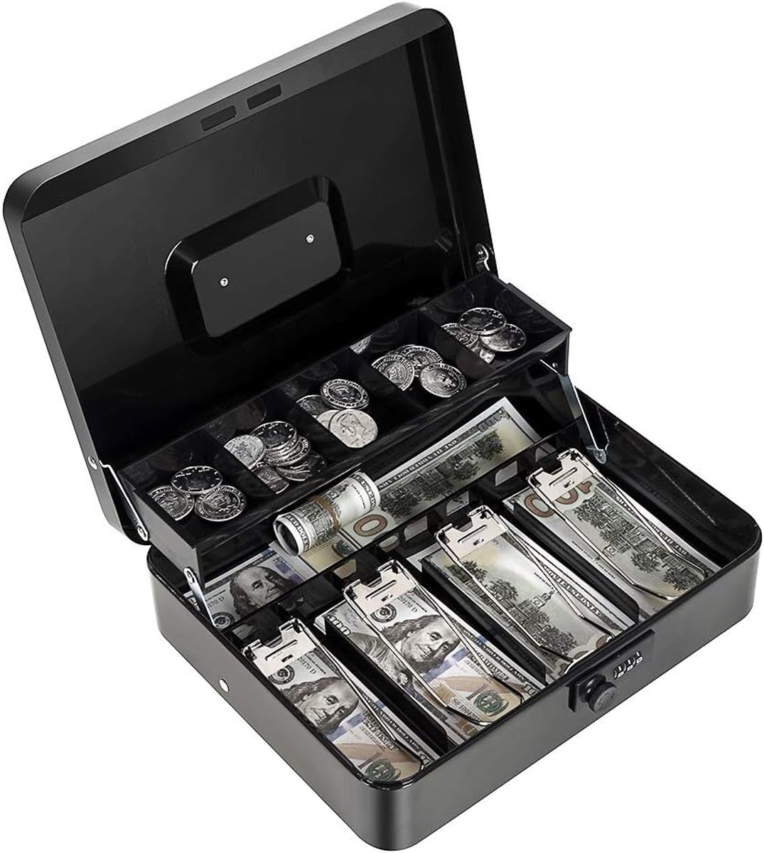 Geldkist met geldlade en combinatieslot, metalen spaarpot voor kassa, gelaagd, met slot, voor geld, 30 x 23,9 x 9 cm, zwart