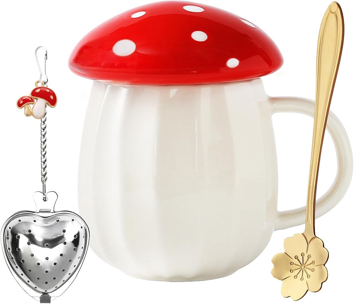 Schattige Paddenstoelen Mok Theekop Set - Paddenstoelen Spullen voor Melk Koffie Thee Mok met Deksel - Cadeaus voor Meisjes Vrouwen Verjaardag Kerstmis Woonaccessoire