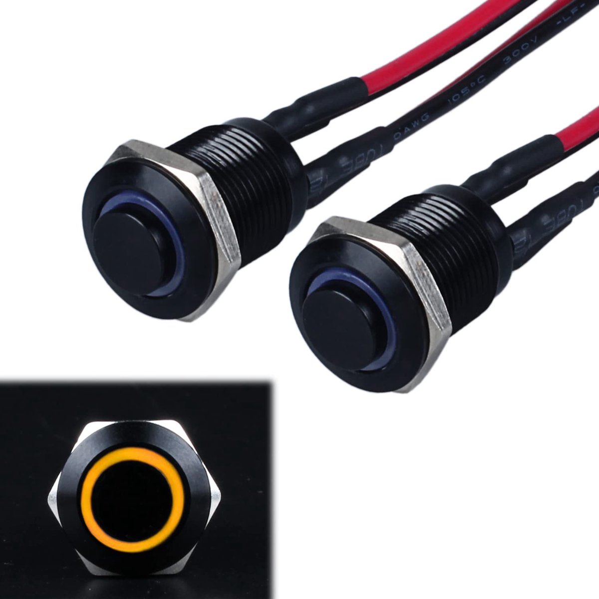 2 x 12 mm Momentane Drukschakelaar 12 V tot 24 V 2 A Waterdichte Metalen Knopschakelaar IP66 1NO Stroom Zwarte Drukknop met LED-verlichting Aansluitdraden voor Motorfiets (Hoge Kop, Geel)