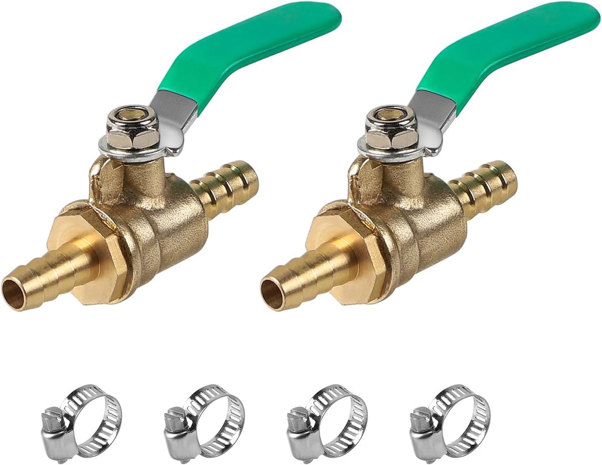 2 stuks 8 mm kogelventiel van messing, 2-weg kogelkraan met 4 klemmen, gecanneleerde slangaansluiting voor het regelen van de luchtstroom van oliewater