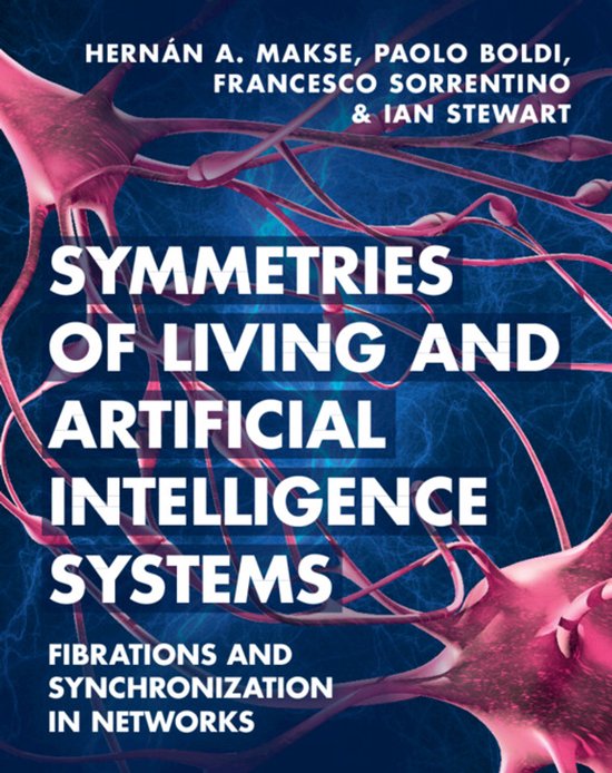 Boekomslag met roze neurale netwerken op een blauwe achtergrond, titel: Symmetries of Living and Artificial Intelligence Systems.