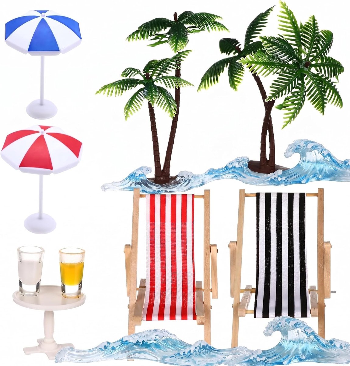 kunsthars, mini-strandstoelen, palmen, parasols, bekers en ronde tafel, ideaal voor knutselwerk