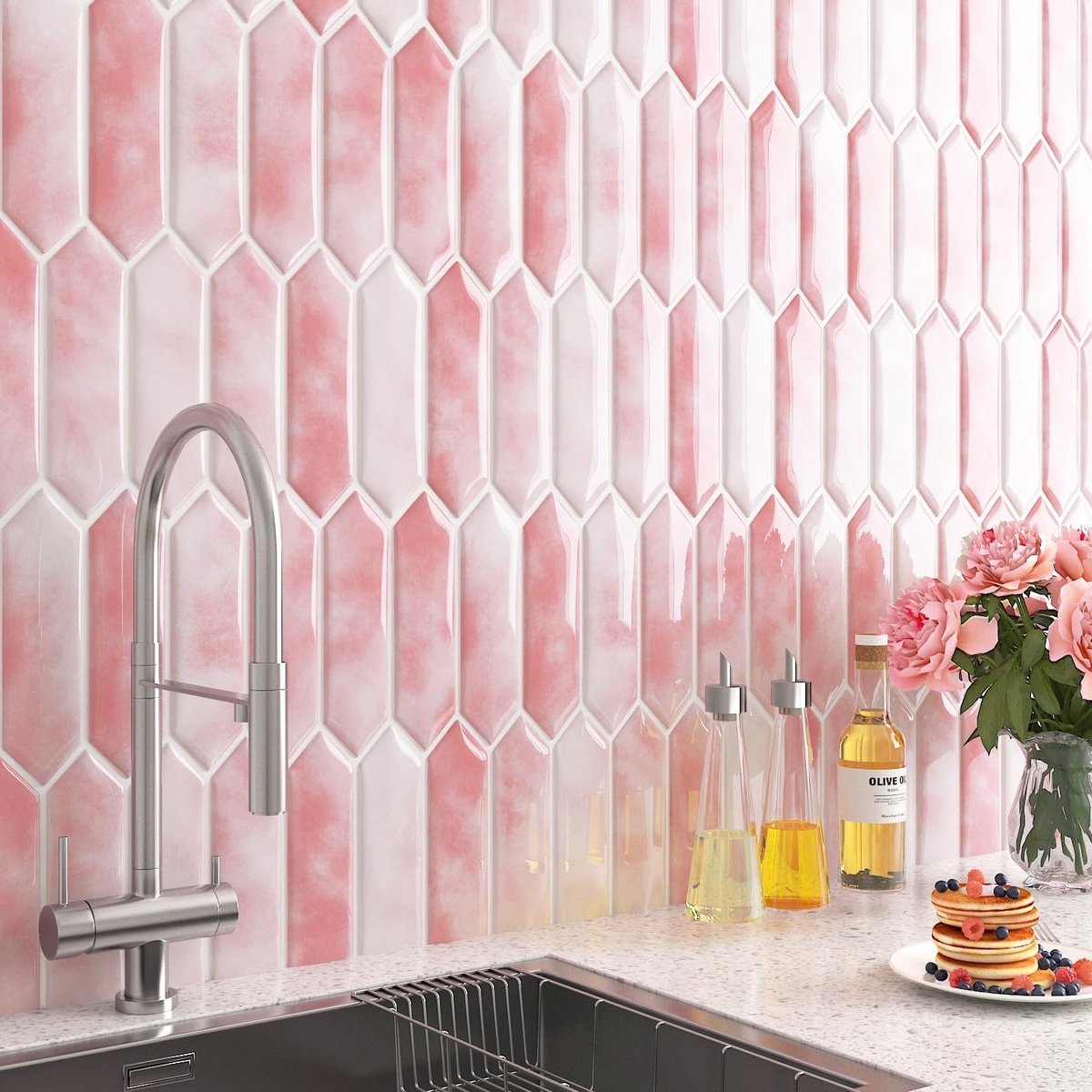 Tegels Zelfklevend Badkamer Zelfklevende wandtegels Roze Zeshoek 30x30CM 15 stuks Keuken Zelfklevende tegels Lichtroze vinyl Wand Badkamer Spatbescherming Keukenfolie