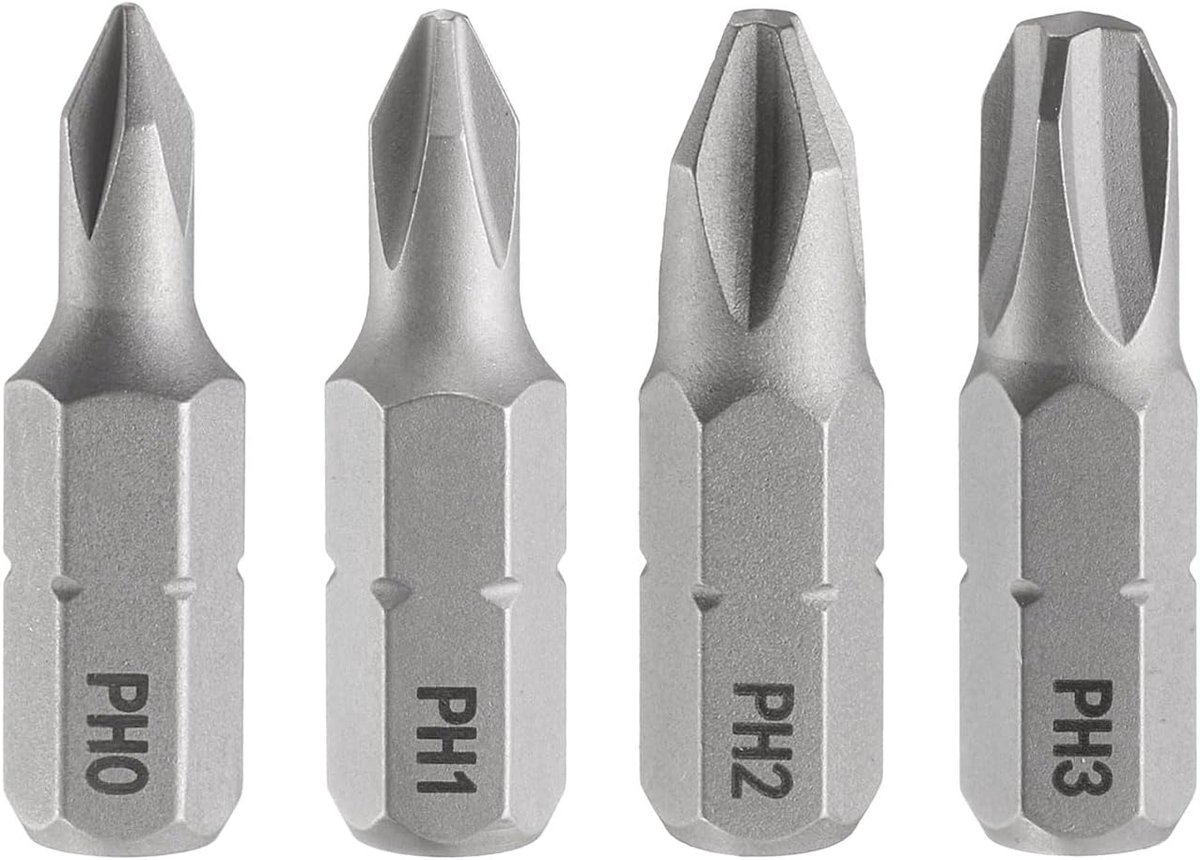 4 stuks PH0/PH1/PH2/PH3 Phillips schroevendraaierbit 1/4 inch zeskantschacht 25 mm/1 inch lengte magnetische kruiskop Hex bits S2 staal bitset voor elektrische schroevendraaier