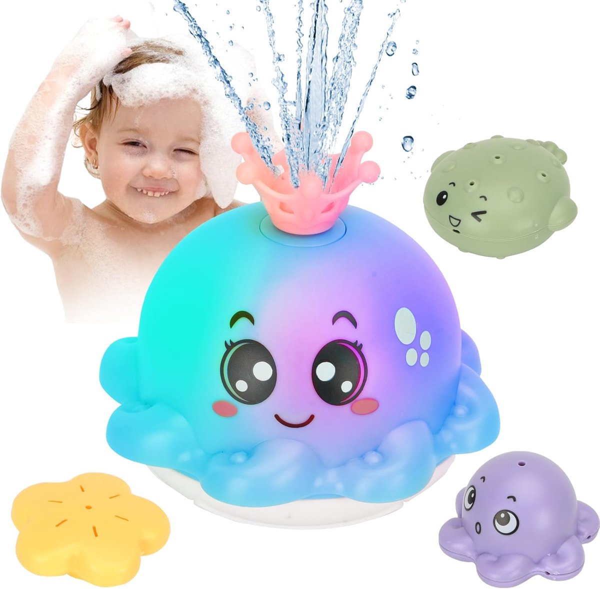 Badspeelgoed, octopus spray, waterspeelgoed voor kinderen met licht, badspeelgoed voor baby's, automatische waterspray, babycadeau voor jongens en meisjes vanaf 1, 2, 3, 4 jaar