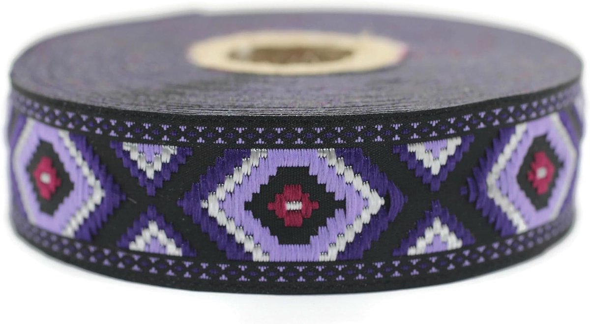 Jacquard Lint Weeft Paars en Zwart Nacht Arabesque 10 m x 25 mm - Rollen Borduurband voor Naaien Decoratie 25952-V4