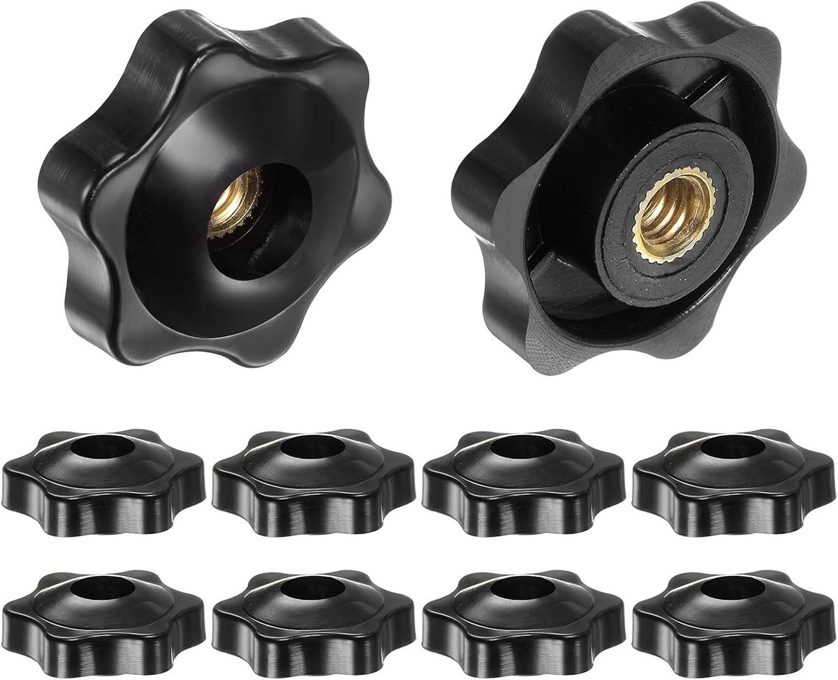 10 stuks sterknoppen 1/4-20 schroefdraad vrouwelijk 32 mm kop kunststof doorgaand gat messing schroefknopen, zwart