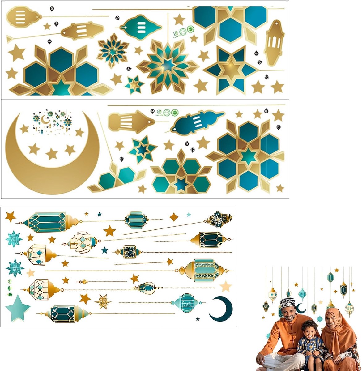 Wanddecoratie - Hoogwaardige Eid Mubarak Wandkunst, Zelfklevende Stickers voor Thuis Decoratie, Eid Islamitische Decoratie, Goudkleurige Sterren, Maan, Letters, Muurstickers Set (A)
