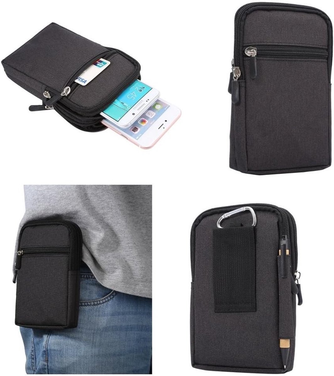 Multifunctionele Verticale Strepen Pouch Bag Case Ritssluiting Karabijnhaak voor Emporia Flip Basic - Zwart (17 x 10,5 cm)