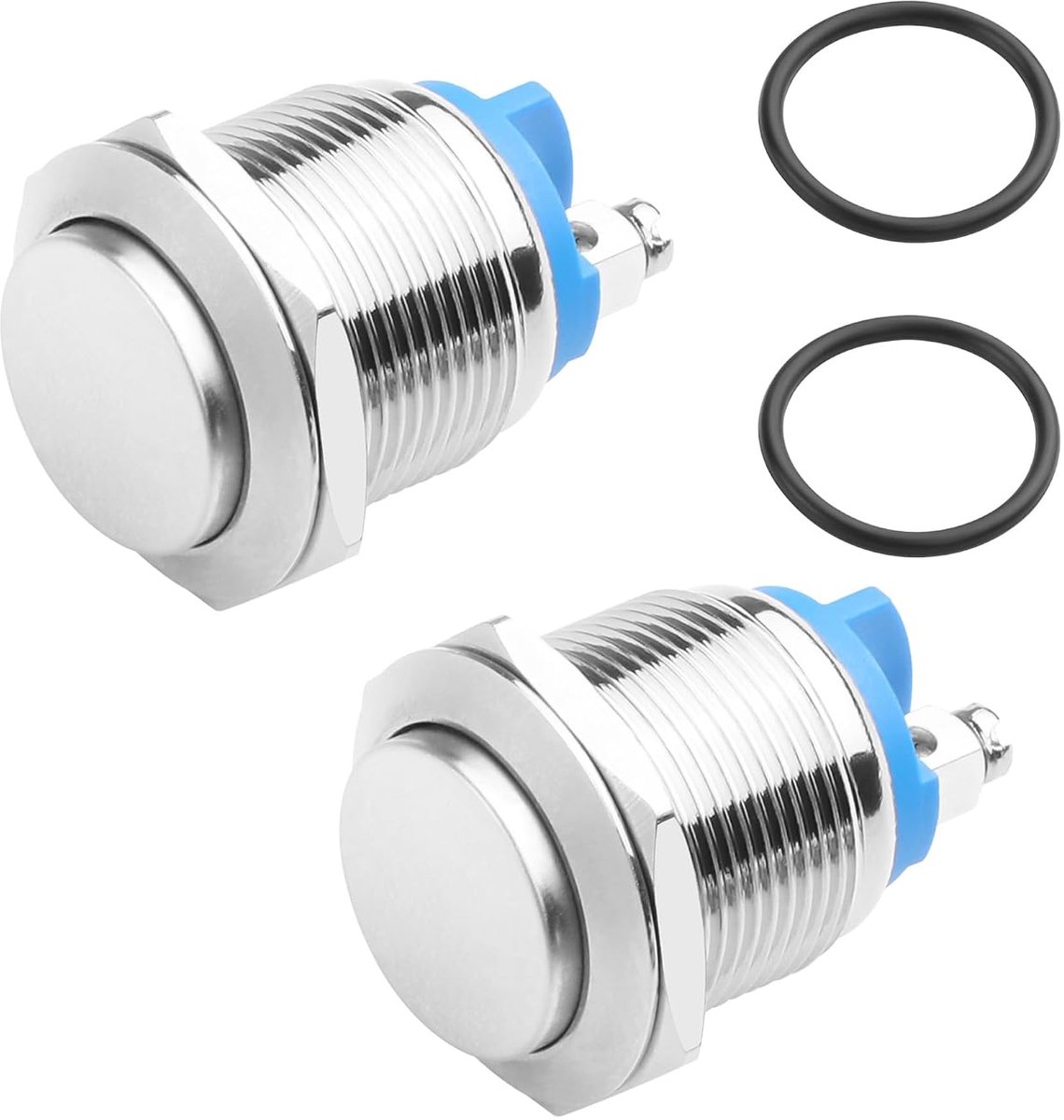 2 stuks 19 mm drukknopschakelaar, 3A 24V IP66 waterdicht, roestvrij staal, metalen ronde schakelaar met waterdichte rubberen ring, 2-pins schroefaansluiting (hoge kop)
