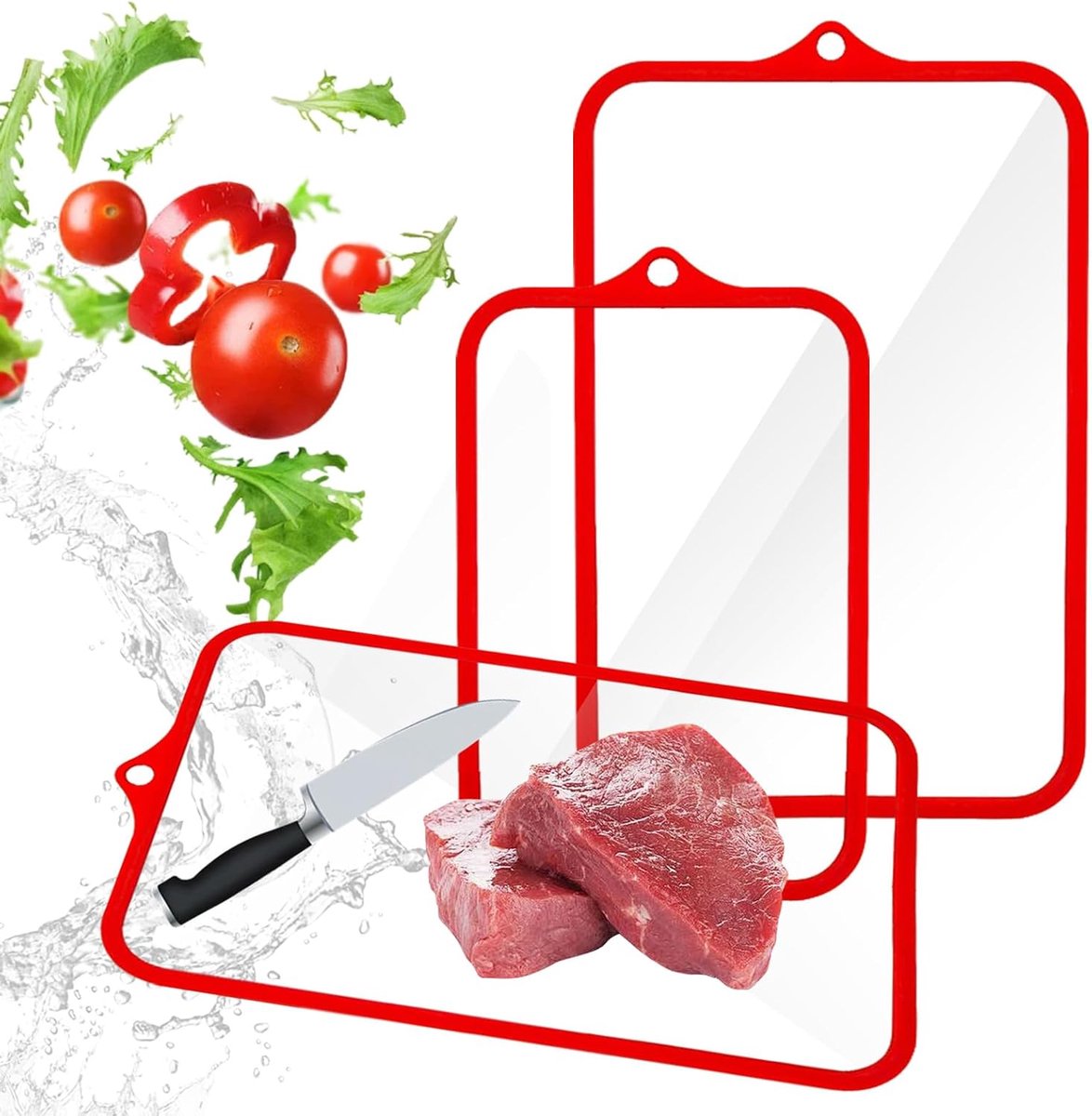 Set van 2 snijplanken, glas, vaatwasmachinebestendig, 38 x 25 en 30,5 x 20,5 cm, glazen plank, keuken, transparant, gehard glas, krasbestendig, hygiënisch, met sapgroef en antislip siliconen rand