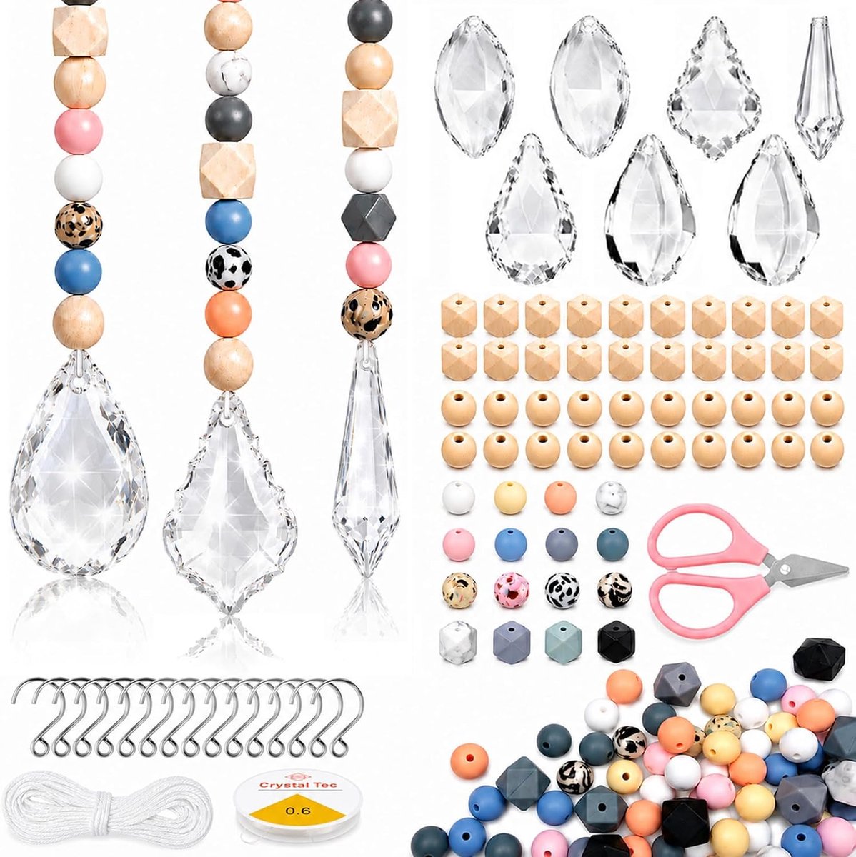 Zonnevangers kristal 38 mm DIY zonnevanger knutselen transparant | Suncatcher met houten kralen en siliconen kralen om op te hangen, suncatcher voor ramen, huis, tuin, windspel