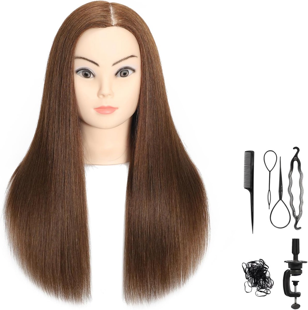 18"-20" Trainingshoofd met 70% Menselijk Haar Mannequin Hoofd Styling Hoofd Professionele Pop Hoofd met Gratis Klem (bruin) | Steil Haar Styling Hoofd om Professionele Pop Hoofd met Gratis Klem en Kappers Tools te oefenen