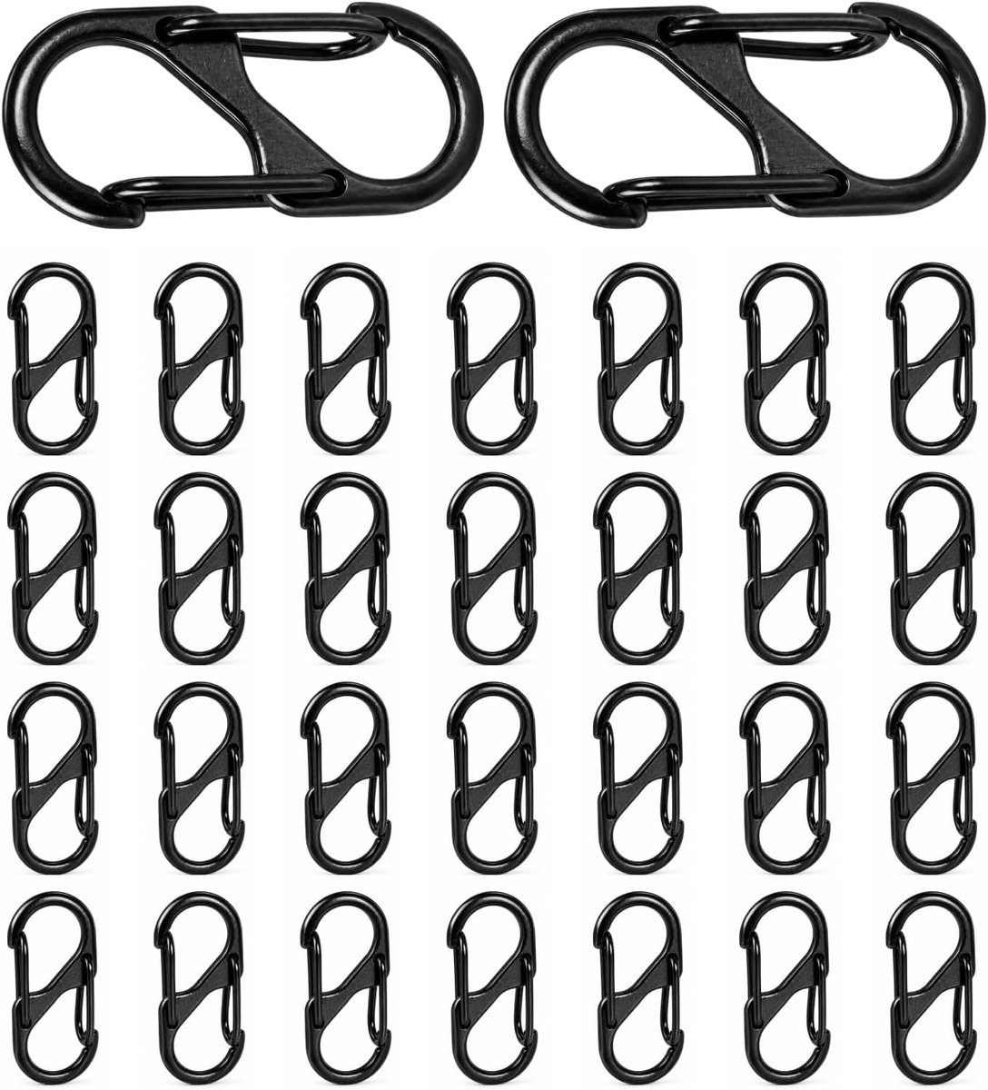 30 stuks mini-karabijnhaken, S-vorm, 30 mm, sleutelhanger, zwart, van metaal, met dubbele veer, S-clips voor kamperen, wandelen, reizen, rugzak en dagelijkse outdooraccessoires