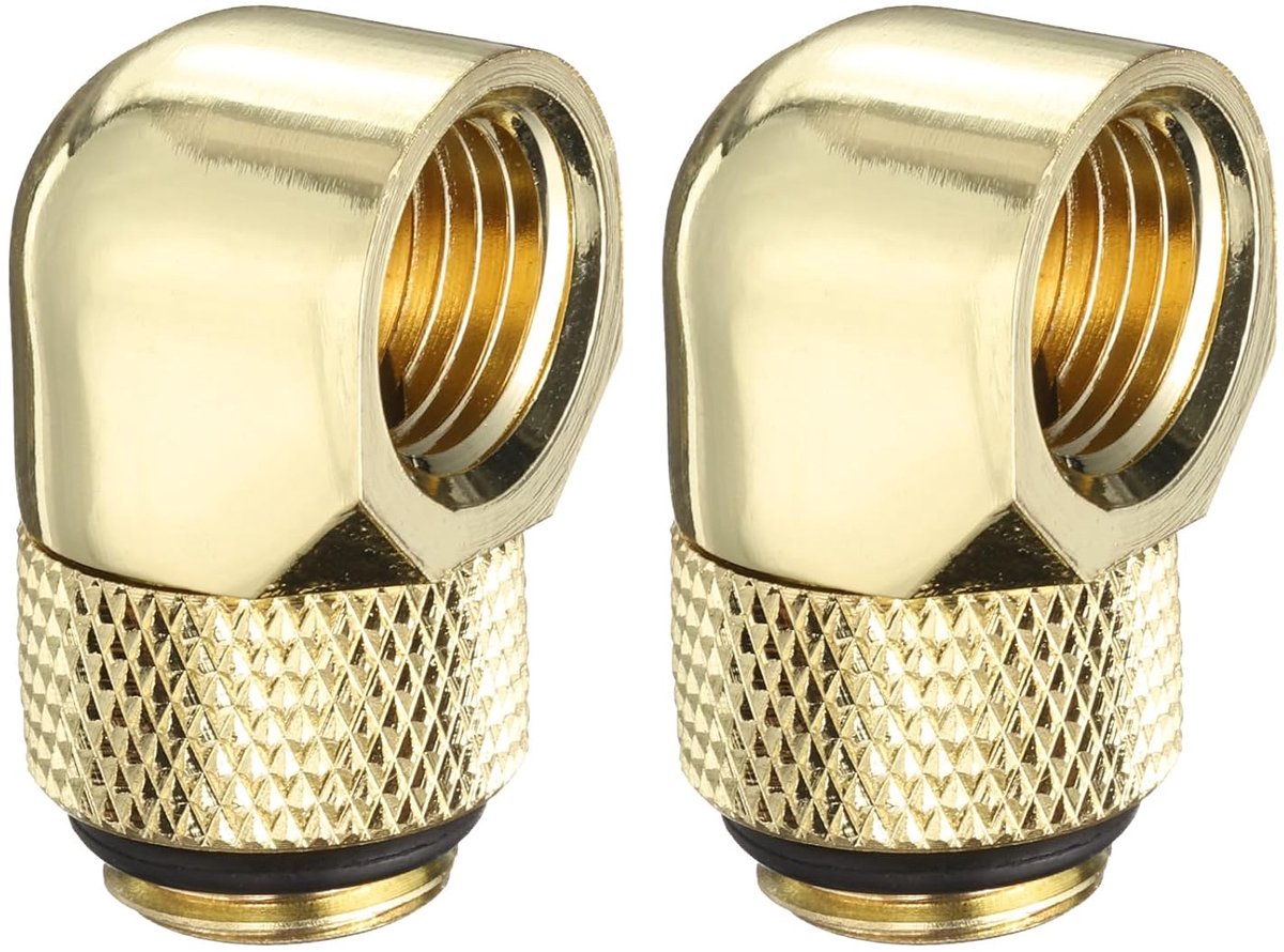 2 stuks 90 graden hoek waterkoelingsadapter G1/4" schroefdraad mannelijk naar vrouwelijk compressieaansluitfitting koperen verlenging voor computer-pc-waterkoelsysteem, goud