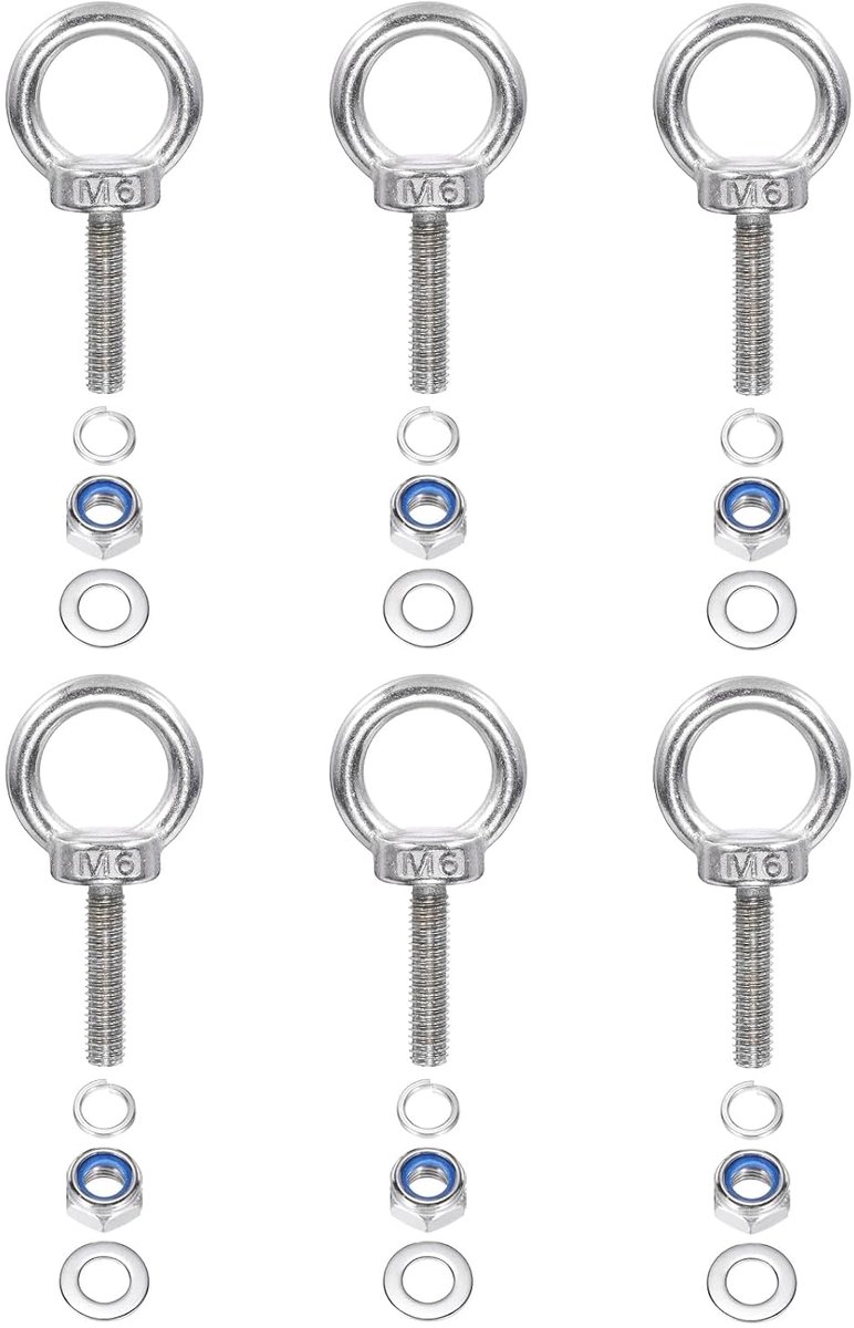 M6 x 25 mm schouderschroef voor het optillen, 6 stuks roestvrij staal 304 ring hefring schroefdraad met sluitringen moeren voor het ophangen van hangmatten artikel