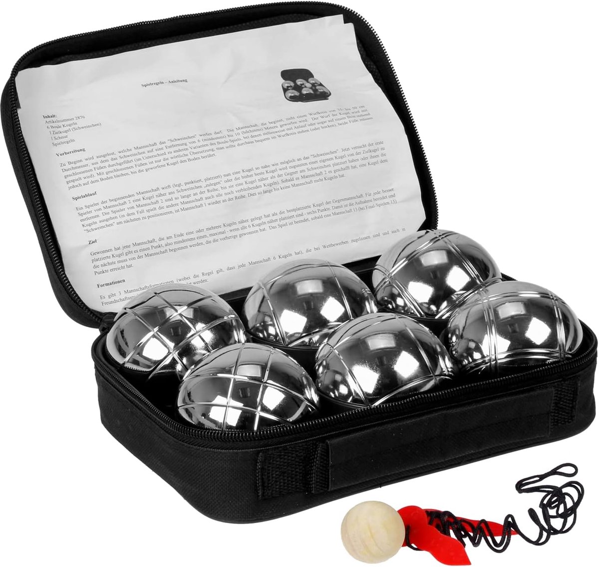 ballen set, boule ballen met 6 metalen ballen 73 mm, 720 g, 1 x houten bal, 1 x afstandsmes incl. luxe draagtas, petanque voor outdoor-spel tuin en strand speelgoed