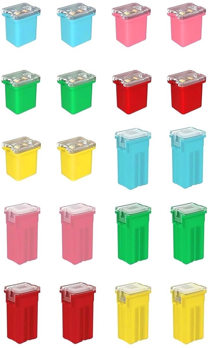 20 stuks platte zekeringen voor auto's, zekeringen voor voertuigen, vrachtwagens en SUV's, assortiment van blokzekeringen 20 A, 30 A, 40 A, 50 A en 60 A