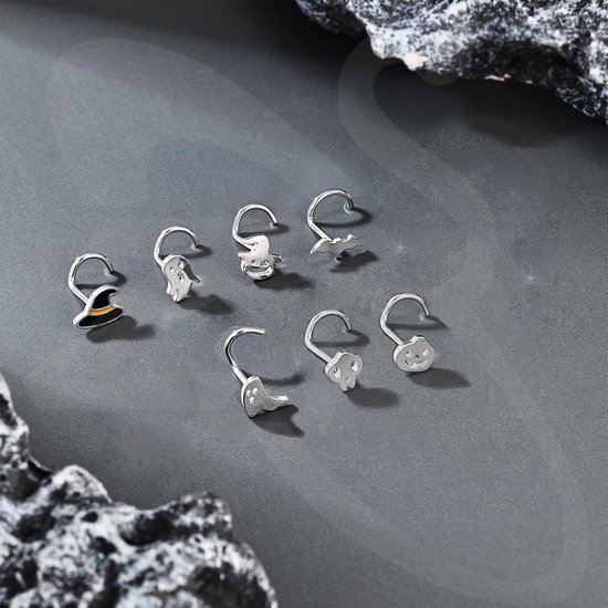 15 stuks roestvrij staal zwarte kurkentrekker neus stud, 20G Halloween kurkentrekker neusringen studs L-vormige neusringen spook schedel vleermuis neuspiercing sieraden voor vrouwen mannen — afbeelding 3