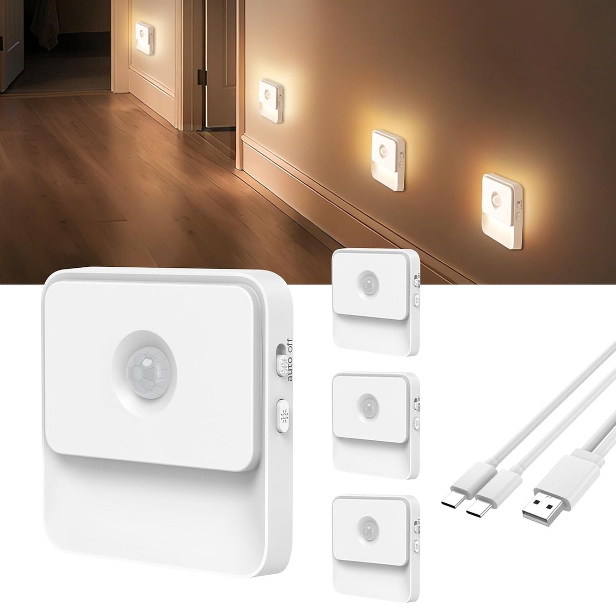 Nachtlampje met bewegingsmelder, 4 stuks, oplaadbare batterij, ledlamp met bewegingsmelder, binnenlicht, dimbaar, helderheid, warmwit, led-nachtlamp, batterij, traplicht voor kinderkamer, gang, trap