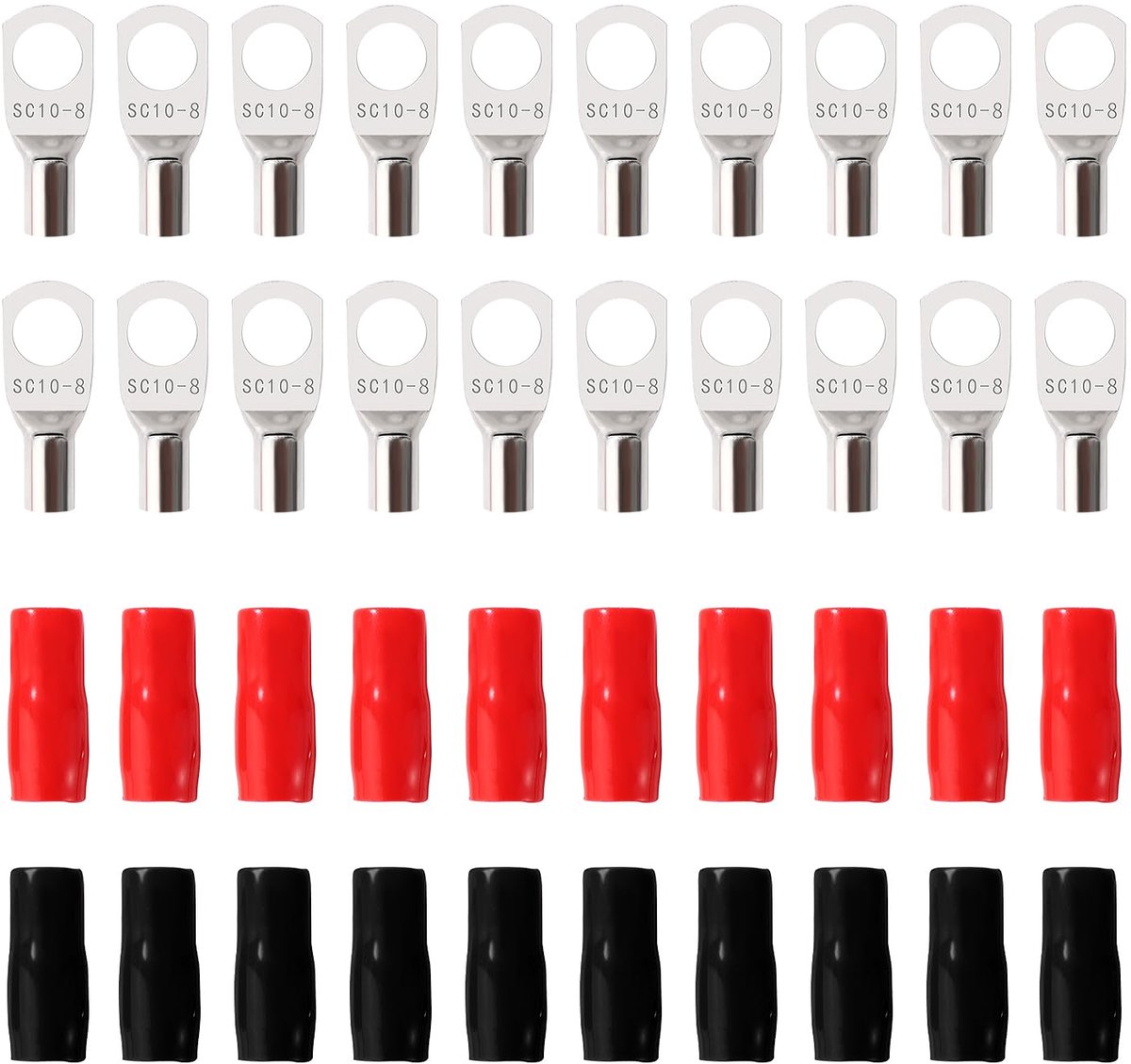 40 Stuks M8 SC10-8 AWG8 Ringklemmen Set, Buisvormige Batterijkabeluiteinden, Batterij Kabel Eind Terminals, met Isolatie Mouwen, voor Elektrische Kabel, Zilver