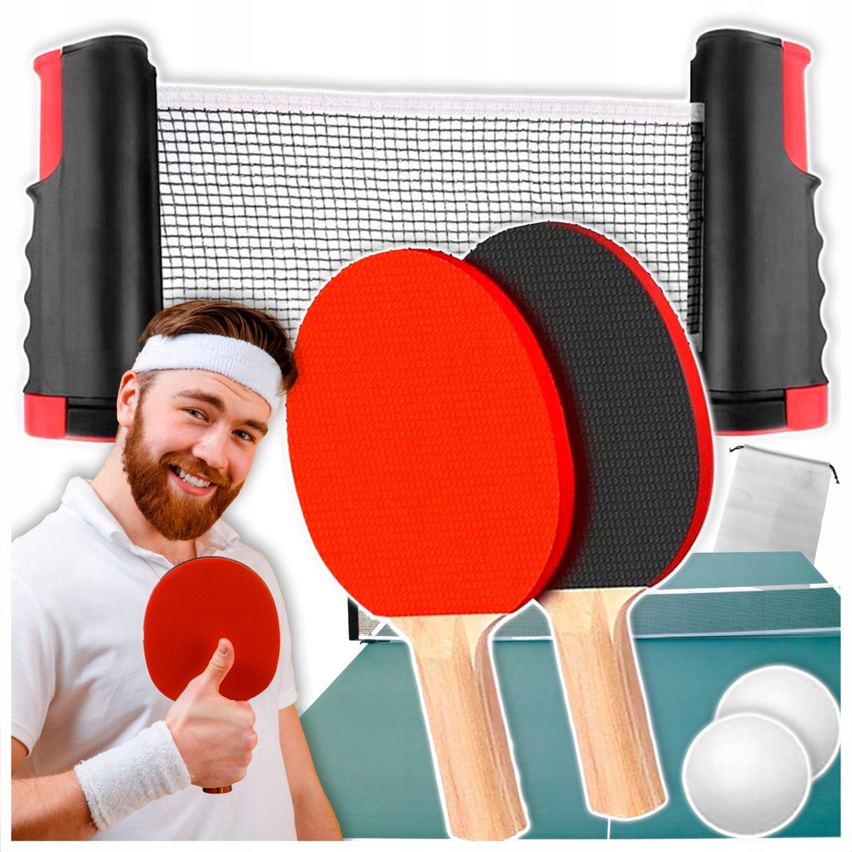 Ping Pong Tafeltennisset: 2 Batjes, 3 Ballen, Net & Tas