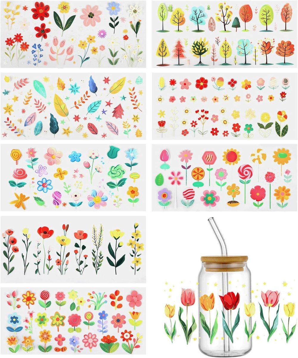 Cup Wraps 9 stuks - UV DTF - Boho Tulpen Stickers - Persoonlijke decoratie voor drinkflessen - ShopVlot