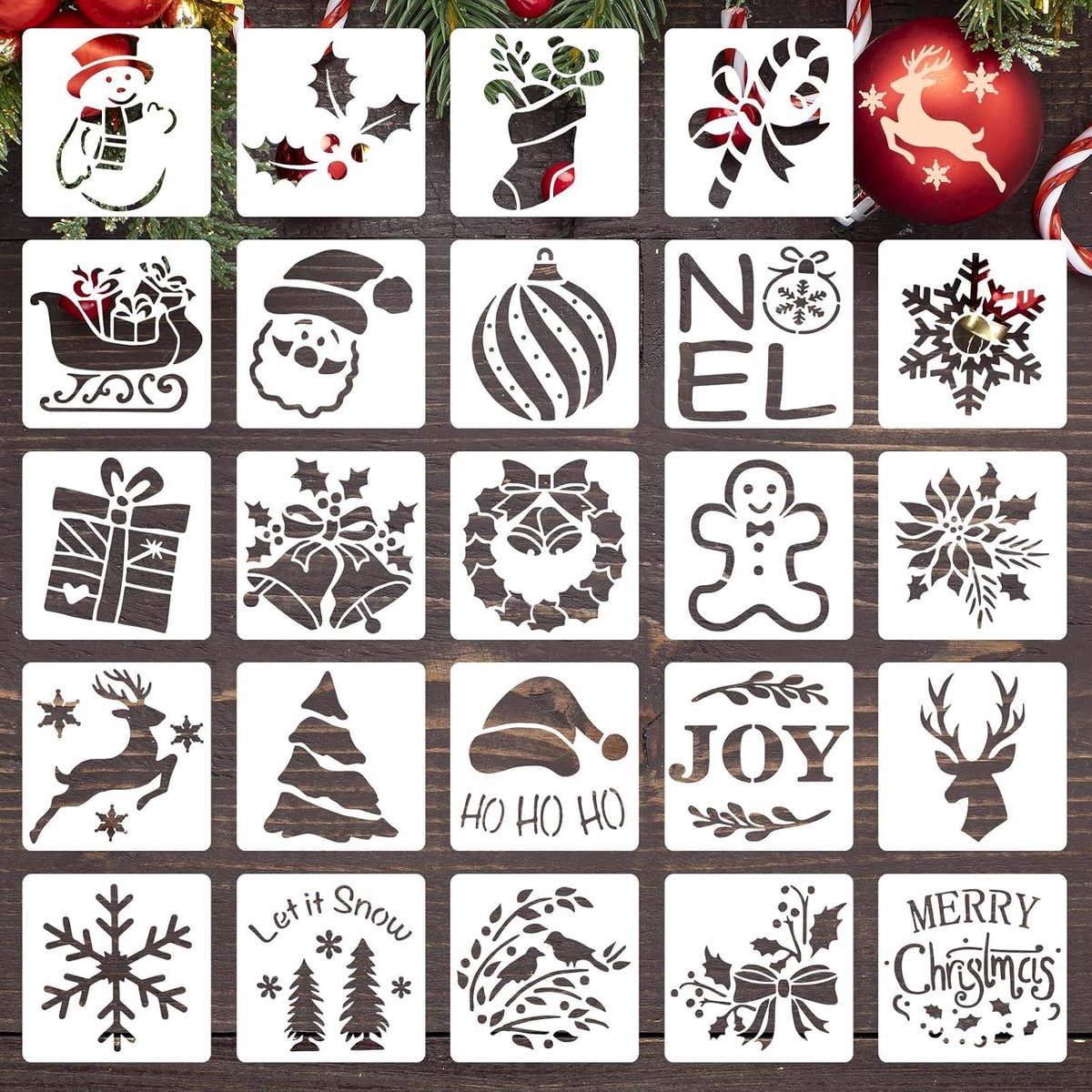 Kerstsjablonen 24 Stuks 7 x 7 cm - Herbruikbare PET Templates - Diverse Ontwerpen - Perfect voor Kerstdecoraties - ShopVlot
