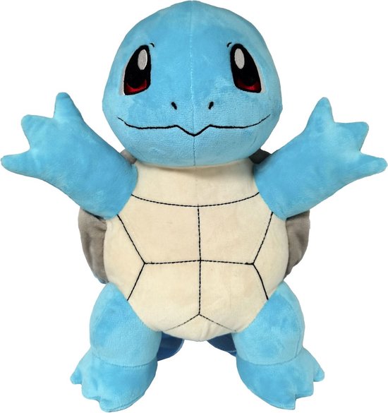 Zittende blauwe Squirtle knuffel met wijd uitgestrekte armen, witte buik en grijze zijkanten.