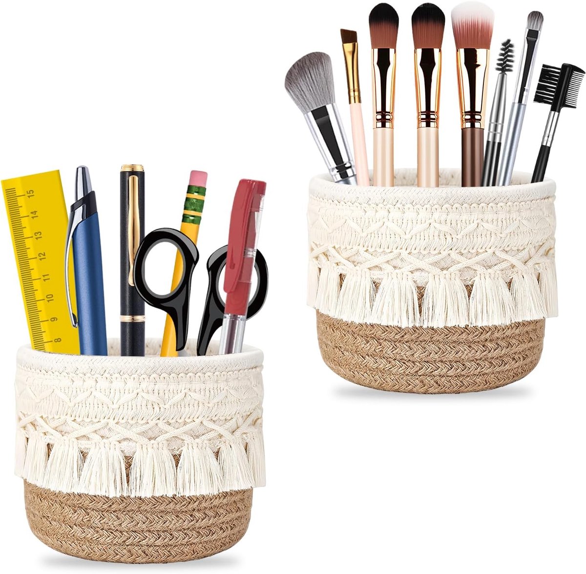 Makeup borstelhouder organizer 10×10cm - handgemaakt boho mandje - compact design - ShopVlot