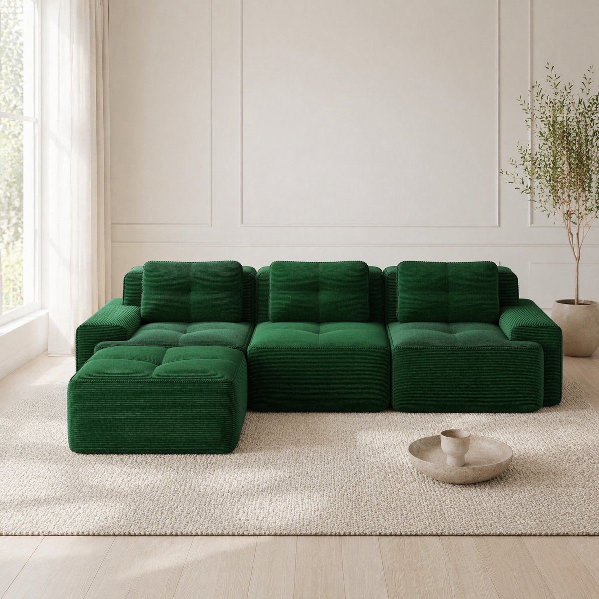 MEUNIQ modulaire hoekbank 3-zits met ottoman, 293 x 177 x 69 cm, corduroy, lage zit, brede armleuningen, montagevrij, voor de woonkamer, groen