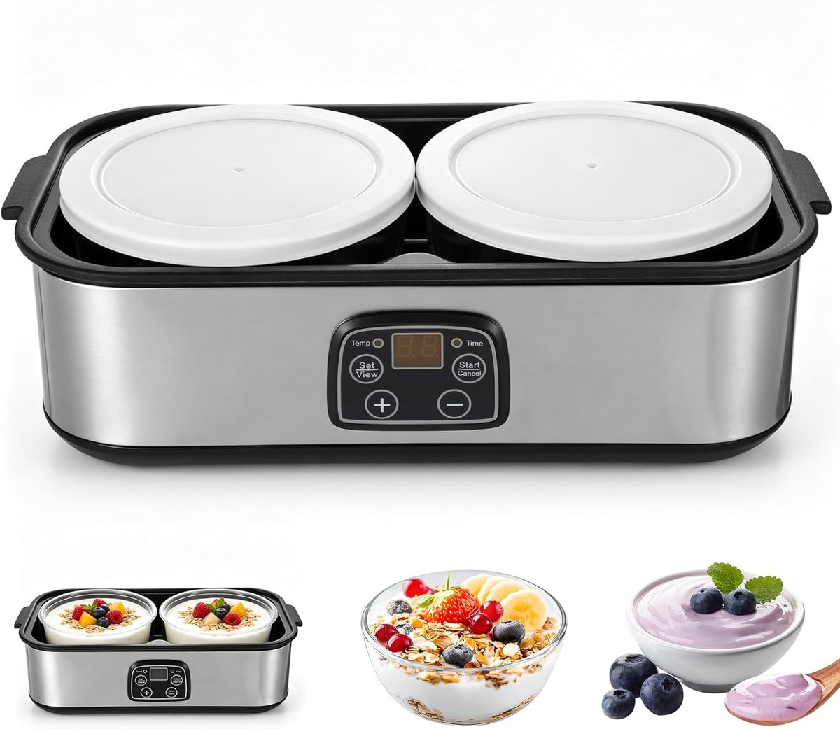 Yoghurtmaker 2000ml - 2 glazen containers - instelbare temperatuur - maak zelf yoghurt en kaas - ShopVlot