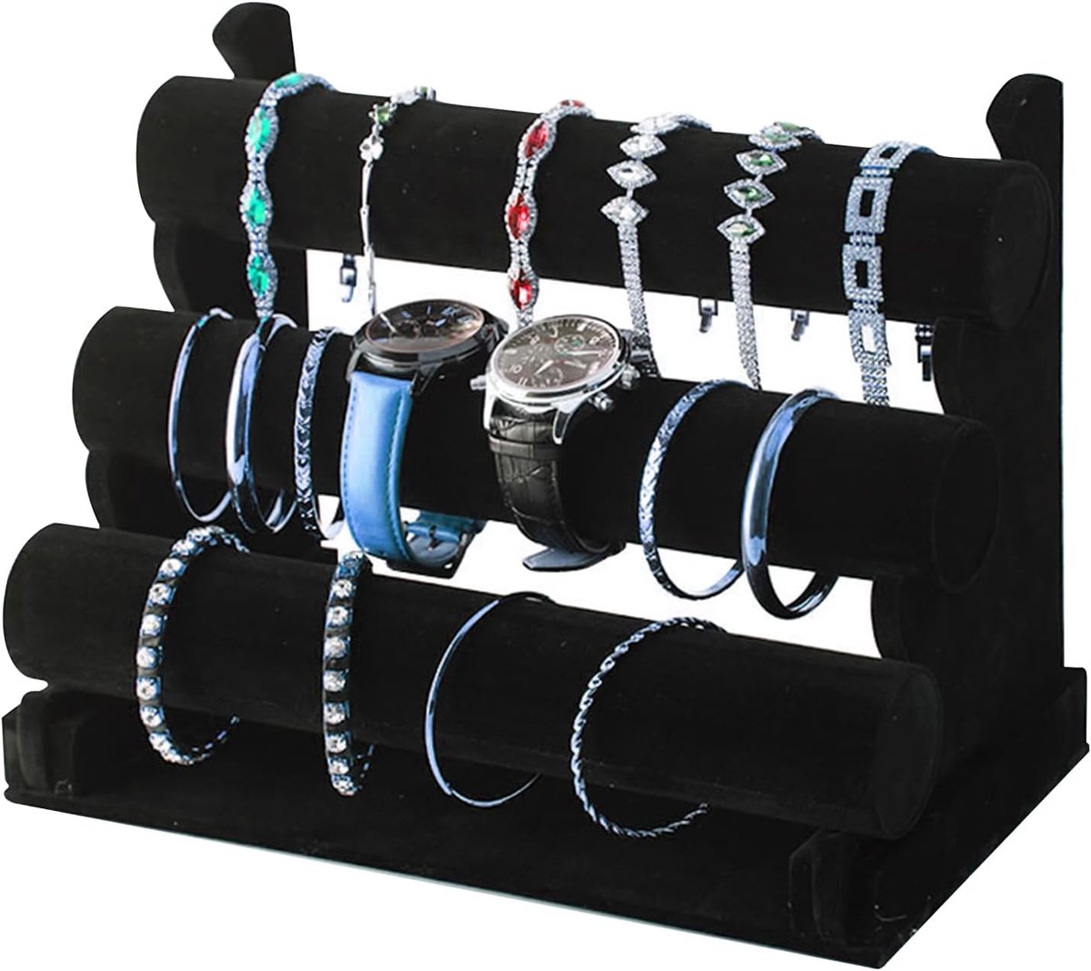 Sieraden display standaard 3-laags - zwart fluweel - voor armbanden en horloges - stijlvol en beschermend - ShopVlot