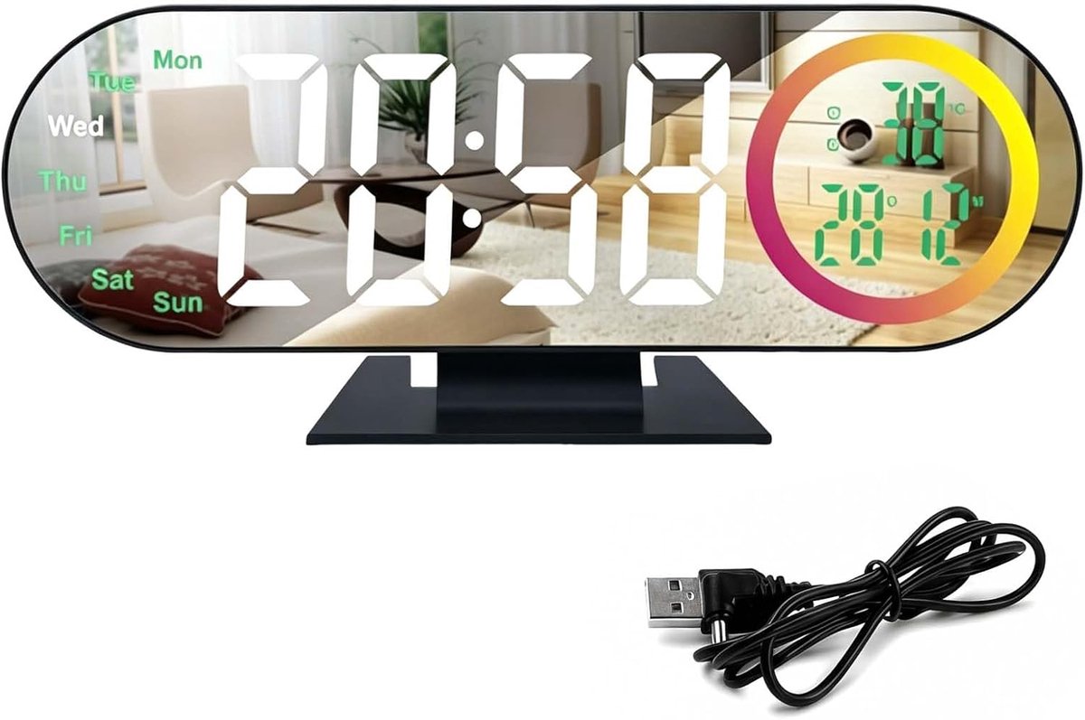 Digitale wekker met groot display 23,2 x 9,5 x 5,5 cm - RGB-wekker met USB-oplaadaansluiting - snoozefunctie - ShopVlot