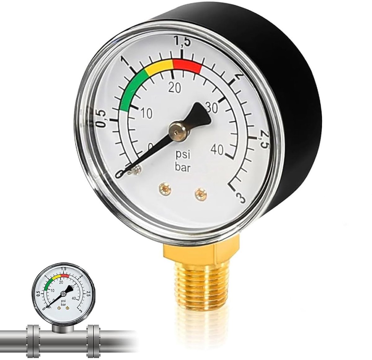 Drukmeter waterdruk 53 mm - kunststof en aluminium - 0-3 bar - geschikt voor kleine afvalwaterinstallaties - ShopVlot