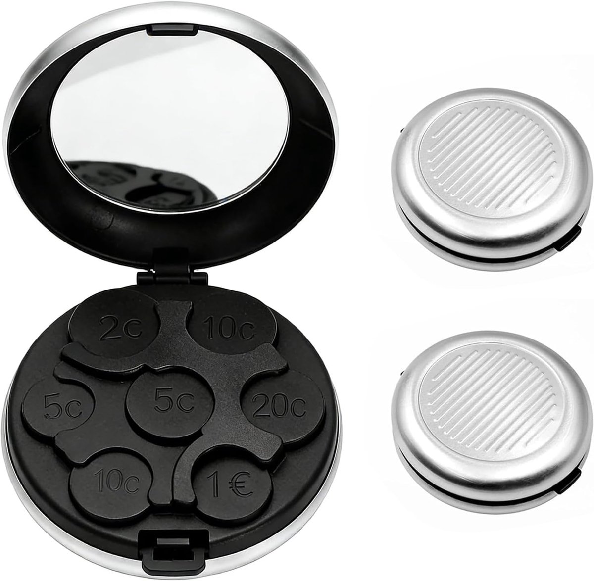 SnelShoppen - Set van 2 multifunctionele draagbare munten dispensers - Kleine ronde euro munt dispenser met spiegel - Inclusief 7 munt sorteerders - V