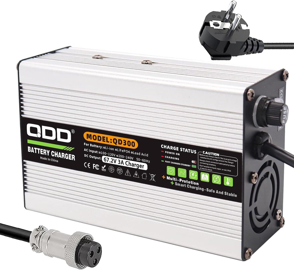 Li-ion batterij lader 67.2V 3A - GX16 1+3 plug - Aluminium - Geschikt voor 16S 60V batterij - ShopVlot