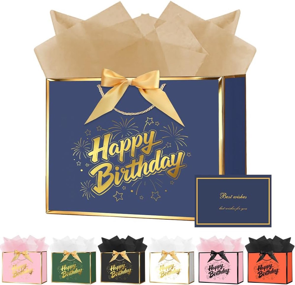 Cadeauzakje verjaardag 28 x 20 x 10 cm - papier met lint en kaarten - complete set voor feestelijkheden - ShopVlot