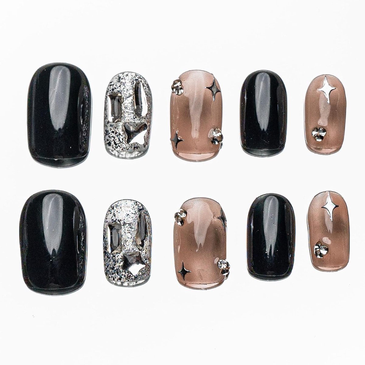 Nepnagels kort squoval rond - zwart zilver bruin met rhinestones - Y2K design - elegant voor elke gelegenheid - ShopVlot