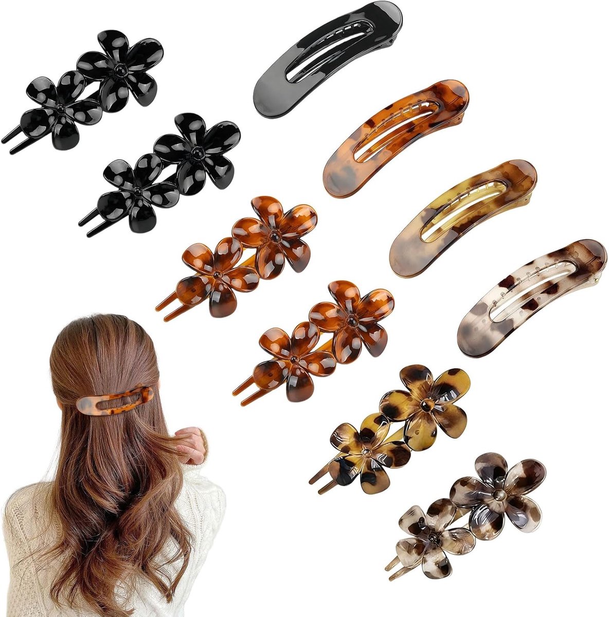 Haarspeldenset 10-delig - Platte en Bloemclips - Veilige Grip - Geschikt voor Dikke Haar - ShopVlot