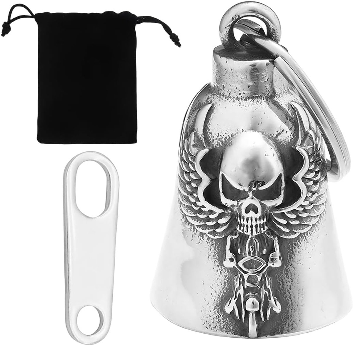 Motorcycle Bell met Skull en Wings - Chroom Lucky Charm - Roestvrij staal - Bescherming voor motoren - ShopVlot