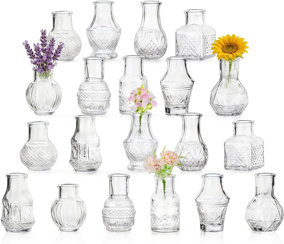 Glazen Vazen Set 20 Stuks - Vintage Ontwerp - Diverse Hoogtes 7-8 cm - Perfect voor Tafeldecoratie - ShopVlot