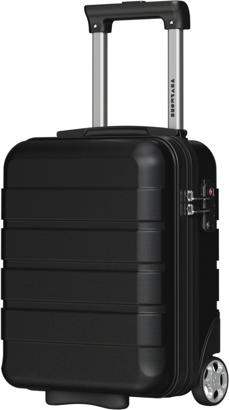 Zwarte TRVLMORE handbagagekoffer met uittrekbaar handvat, twee wielen en TSA-slot.