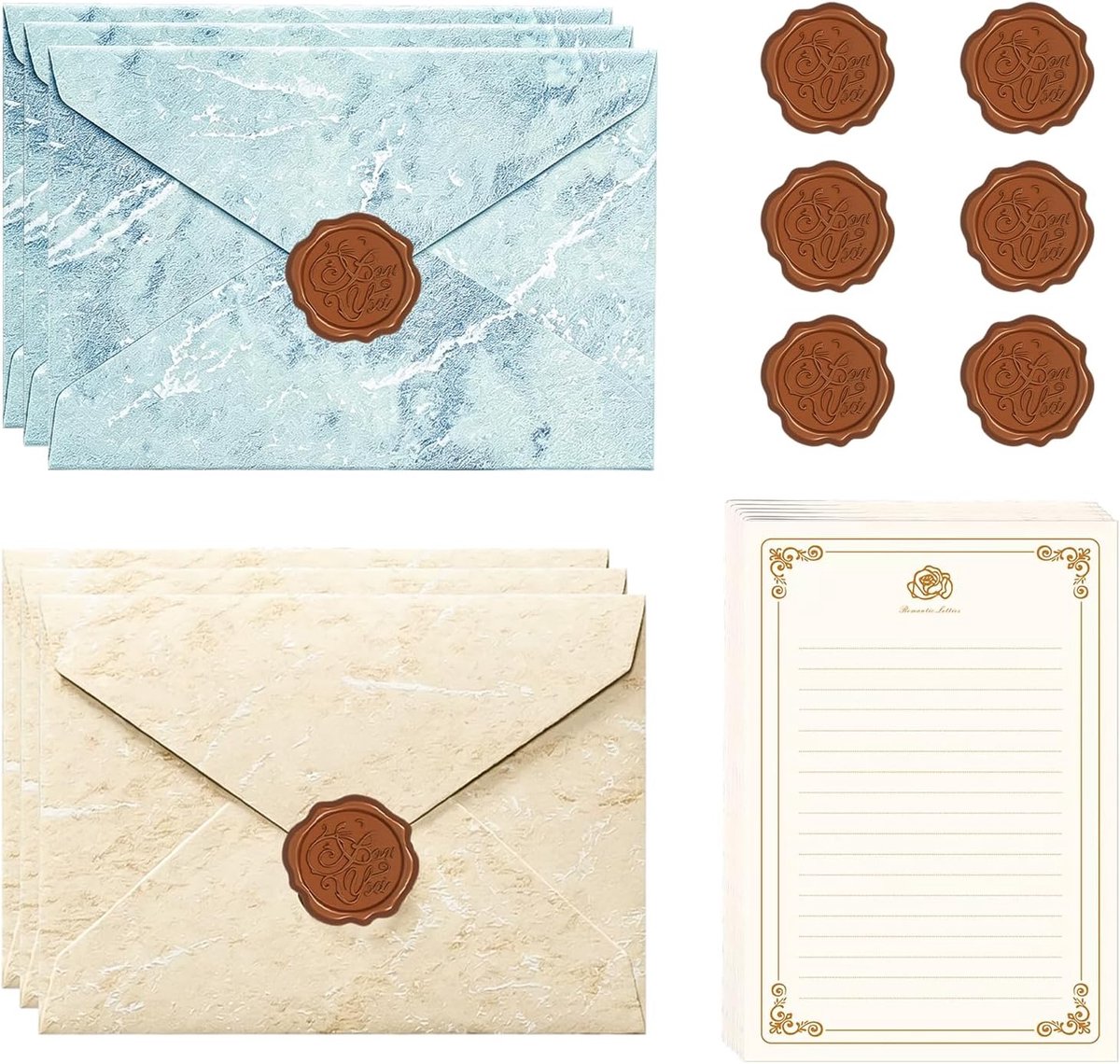 Vintage briefpapier set - 20 A5 vellen met 6 enveloppen - zelfklevende waszegelstickers - perfect voor liefdesbrieven - ShopVlot