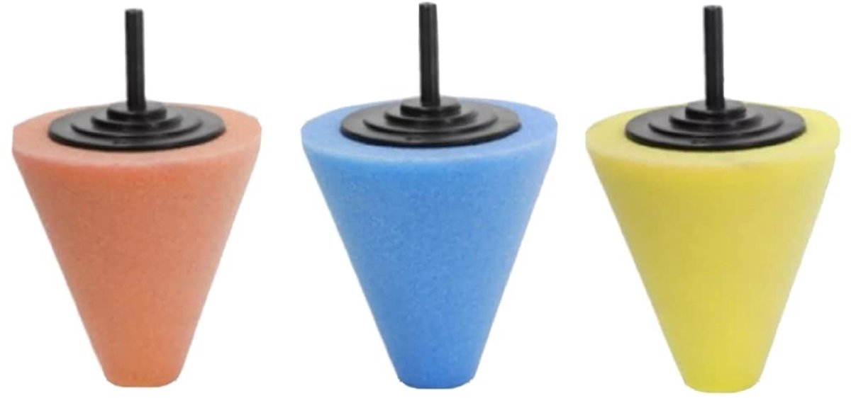 Polijstconus 3 stuks - Oranje, blauw, geel - Schuim voor polijstpads - Perfect voor aluminium, staal, messing - ShopVlot